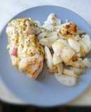 Pollo relleno con papás al horno