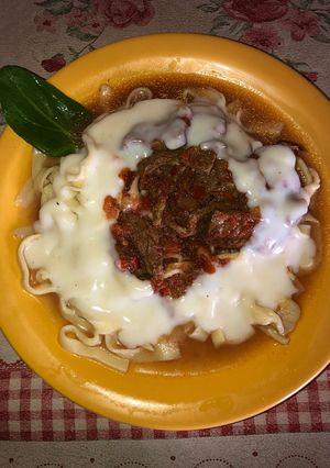 A picture of Egg Noodles with Stew.