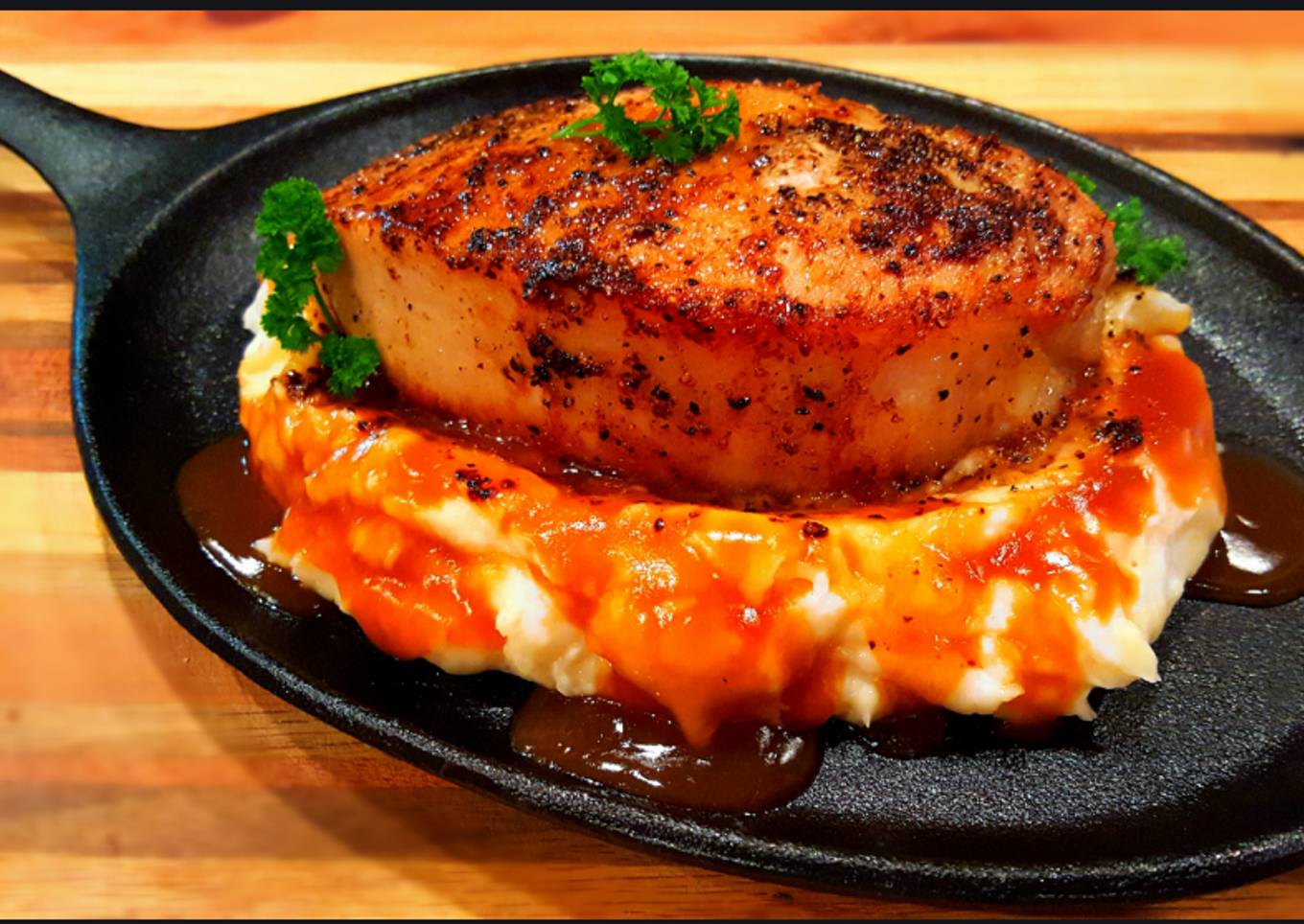 Mike's Thick Cut Top Loin Pork Chops Over Mashed Potatoes