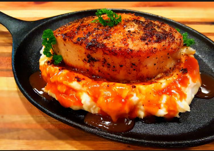 Mike's Thick Cut Top Loin Pork Chops Over Mashed Potatoes