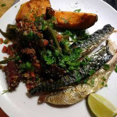 A picture of Zingy roasted okra and beets with smoked mackerel.