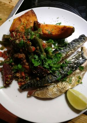 A picture of Zingy roasted okra and beets with smoked mackerel.