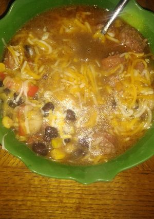 A picture of Gumbo with shrimp and sausage/bangers. 🙂.