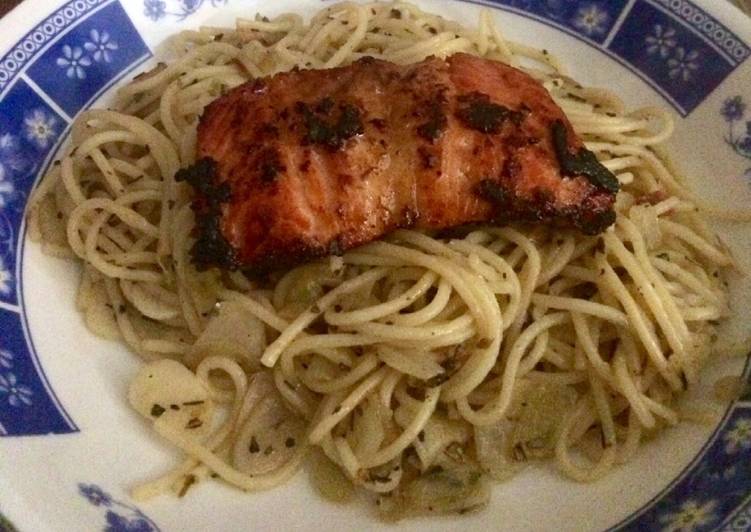 Honeyed Barbecue Salmon with Spaghetti Aglio Olio