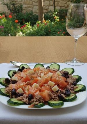 Foto principal de Ensalada fresca de tomate, pepino y queso manchego