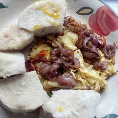 A picture of Simple egg sauce and Boiled Yam.
