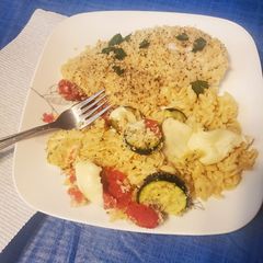 A picture of Parmesan Crusted Chicken with Orzo.