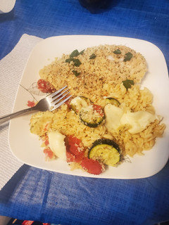 A picture of Parmesan Crusted Chicken with Orzo.