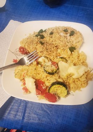 A picture of Parmesan Crusted Chicken with Orzo.