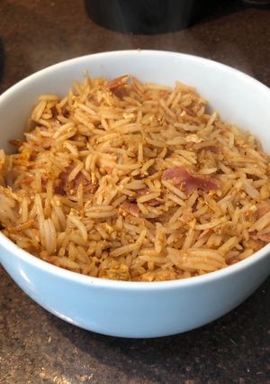 A picture of Egg fried rice with ham.