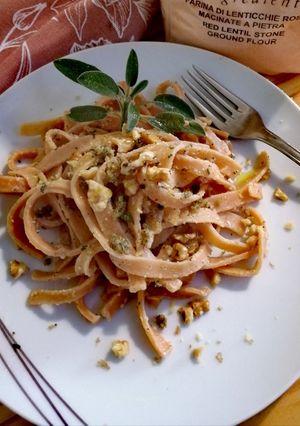 A picture of Red Lentil Tagliatelle with Sage and Walnut Pesto.