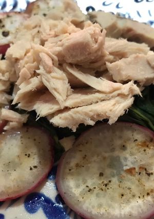 A picture of Albacore Tuna with Swiss Chard and Roasted Radishes – 100% Fat-Free.