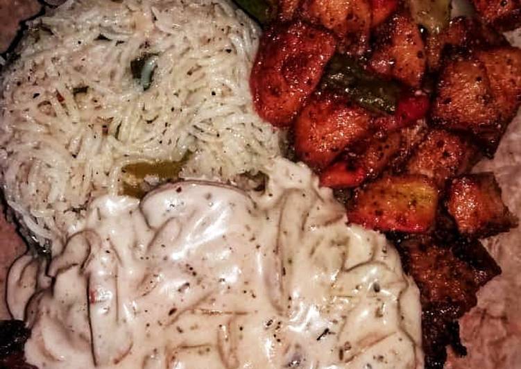 Recipe of Super Quick Homemade Chicken steak with mushroom sauce with fried rice and fried vegetables