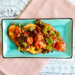 A picture of Sweet Potatoes with Chorizo & Mediterranean Vegetables.