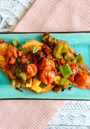 A picture of Sweet Potatoes with Chorizo & Mediterranean Vegetables.