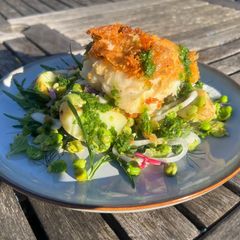 A picture of Pan-fried Halibut, Jersey Royals, Herb and Legume Crush.