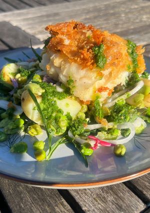 A picture of Pan-fried Halibut, Jersey Royals, Herb and Legume Crush.