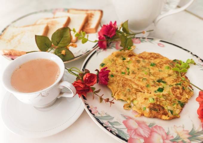 Recipe of Homemade Spring Onion omellete ! Sandwich ! With hot tea ☕