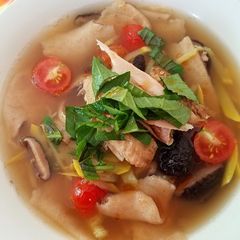 A picture of Hand-tore Spelt Noodle chicken Soup.