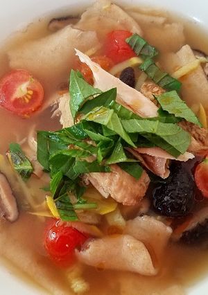 A picture of Hand-tore Spelt Noodle chicken Soup.