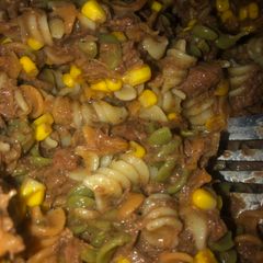 A picture of Easy beef and noodles with corn.