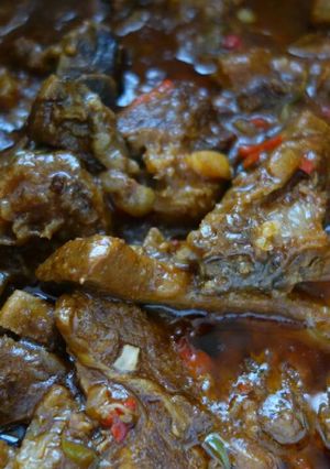 A picture of Beef stew with peppers.
