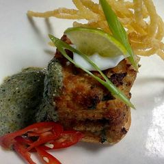 A picture of Backed fish cake&creamy pesto.
