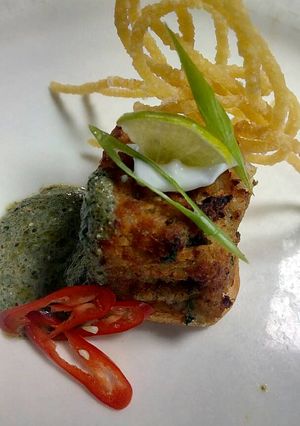 A picture of Backed fish cake&creamy pesto.