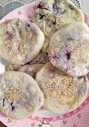 Foto resep 🍠Purple Sweet Potato (glutinous) pan-fry rice cake/mochi pancake🥞 | crispy, chewy (ubi ungu)