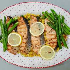 A picture of Salmon Pan Fried with Asparagus.
