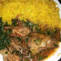 A picture of Rice and chicken.