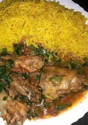 A picture of Rice and chicken.