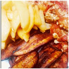 A picture of Fried Irish Potatoes, Plantain and Egg Souce.
