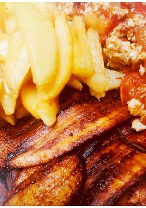 A picture of Fried Irish Potatoes, Plantain and Egg Souce.