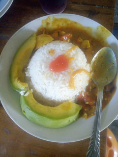 A picture of Creamy Egg Curry and milk Rice.