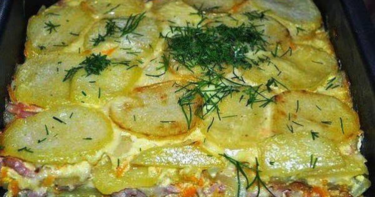 Запеканка с ветчиной и сыром и картофелем в духовке с фото