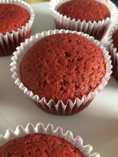 A picture of Eggless red velvet muffins.