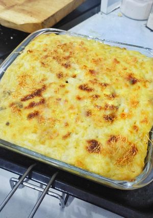 Foto resep Makaroni schotel keju jamur panggang dengan topping saus bechamel