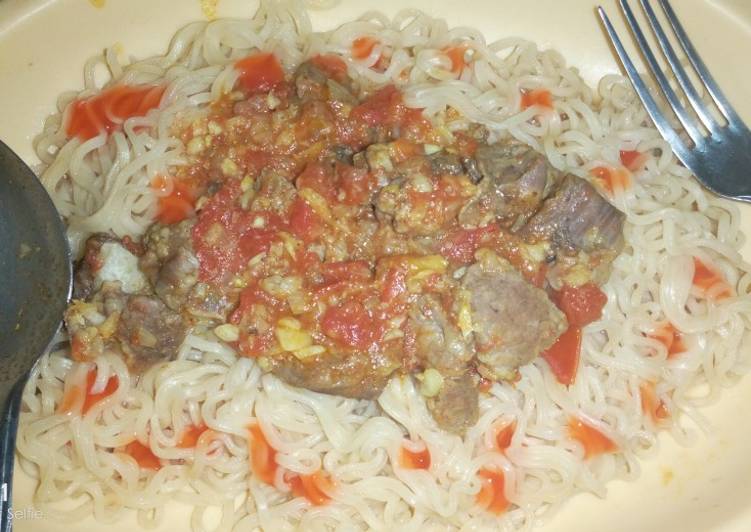 Indomie noodles and beef stew