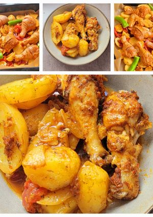 صورة لوصفة بطاطا كوشة معسلة في الفرن مع افخاذ دجاج 🥔🍗🍗