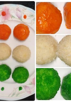 A picture of Tri colour coconut ladu.