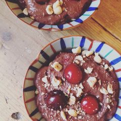 A picture of Easy Homemade Chocolate Pudding for Two - with Hazelnuts and Cherries.