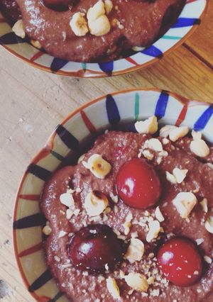A picture of Easy Homemade Chocolate Pudding for Two - with Hazelnuts and Cherries.