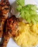 Piernitas de pollo al horno con puré de papas amarillas y arroz blanco🇵🇪