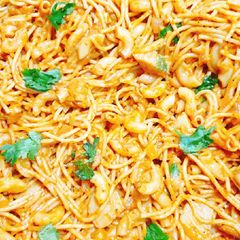 A picture of Leftover macaroni spaghetti in tomato creamy sauce.