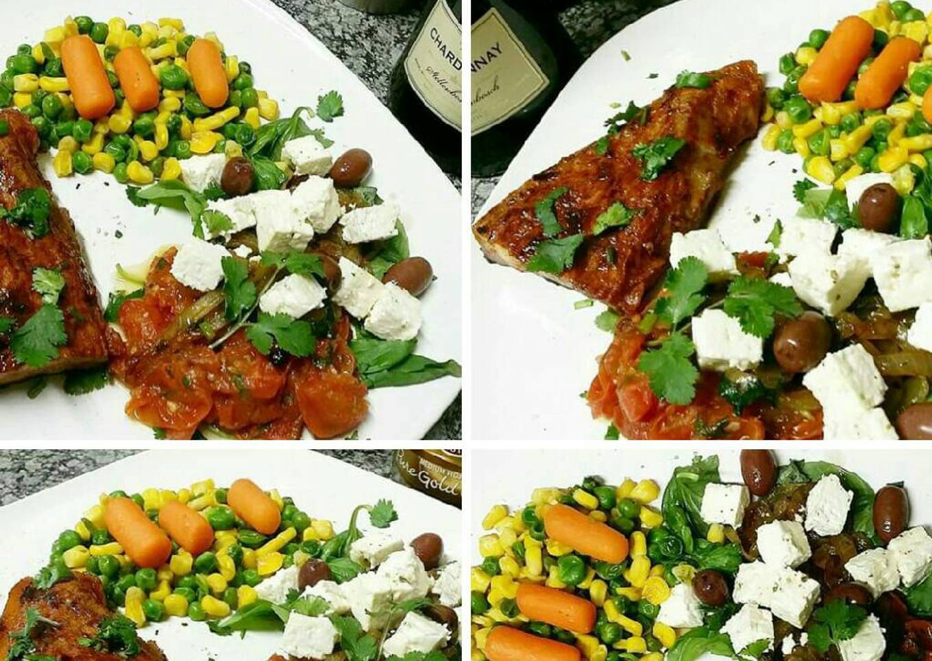 Grilled Pork steak served with cooked Herb salad