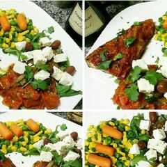A picture of Grilled Pork steak served with cooked Herb salad.