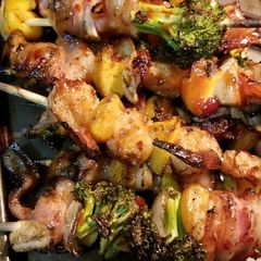 BBQ, Sweet Chili, & Peach Bacon Wrapped Shrimp Kabobs A picture of BBQ, Sweet Chili, & Peach Bacon Wrapped Shrimp Kabobs.