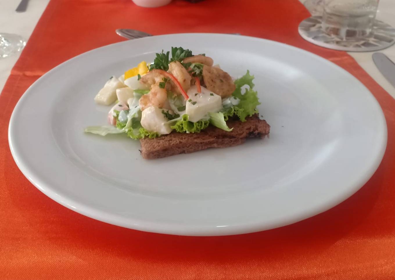 Shrimp Russian Salad on Toast with mayonise