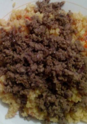 A picture of Fried minced meat with fried rice.